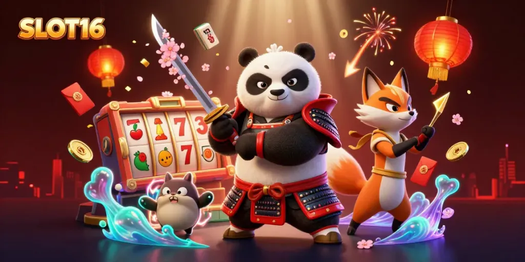 SLOT16 thrilling scene with a warrior panda, ninja fox, and spirit tanuki amidst rich casino symbols