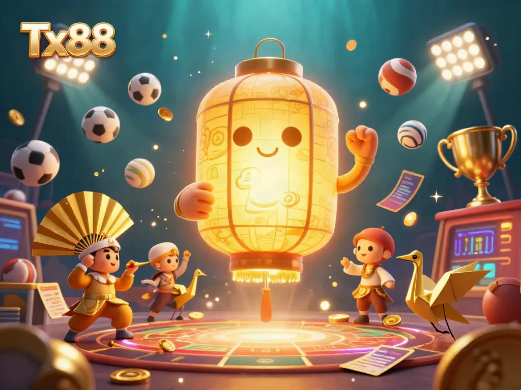 Experience the thrill of Tx88 with a vibrant 3D casino scene featuring dynamic game elements and lucky symbols.