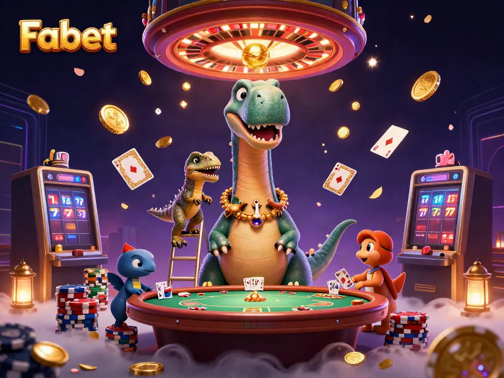 Fabet showcases a dynamic casino scene with playful characters and vibrant game elements.