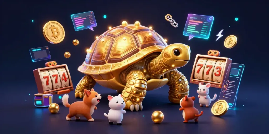 Play with LLWIN in a vivid casino scene featuring a golden tortoise pinball machine and vibrant game elements.