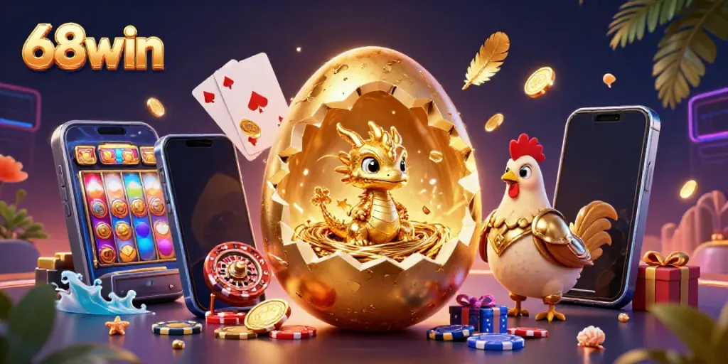 Experience the thrill of 68win with golden dragon and poker chips amidst casino excitement.