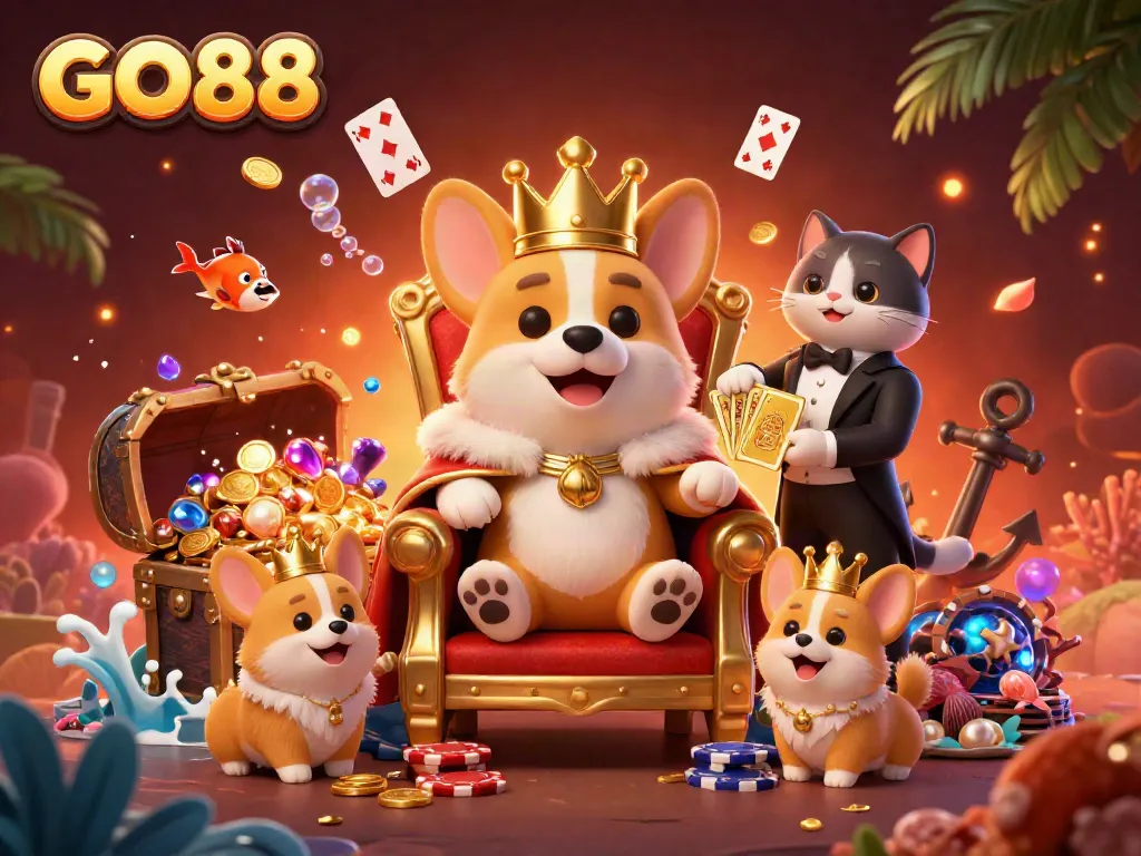 Experience excitement with GO88's immersive casino scene featuring a royal corgi on a poker chip throne.