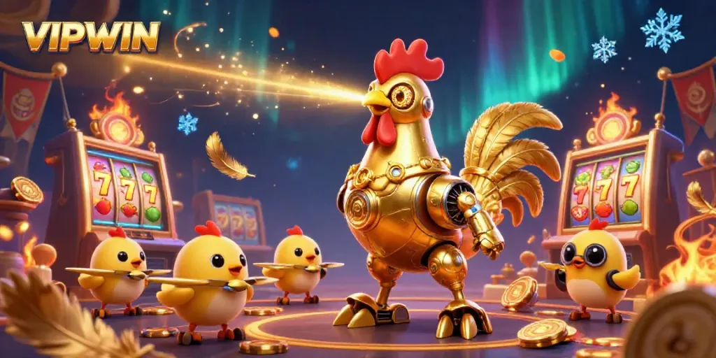 Experience the excitement of VIPWIN as a golden rooster robot and baby chick drones immerse you in a dynamic casino atmosphere.
