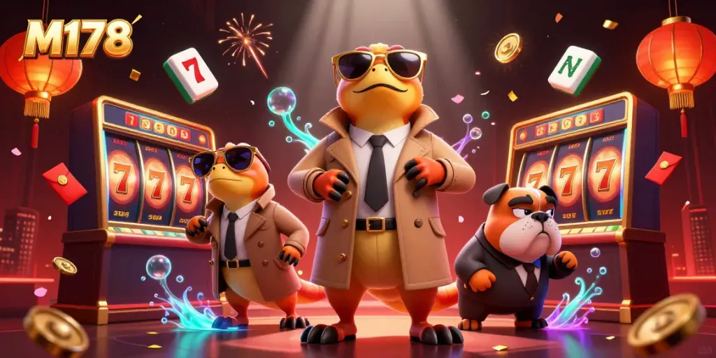 Playful raptors in disguise as they access the M178 VIP casino, surrounded by vibrant gaming elements.