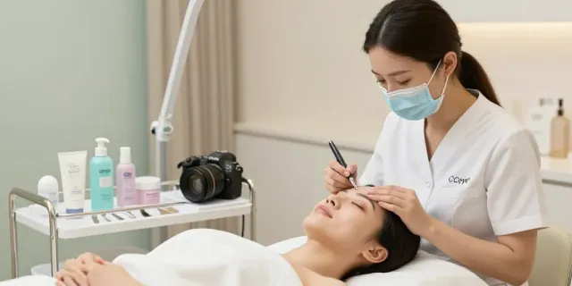 Professional aesthetician performing CCeye® treatment to help clients Augenringe entfernen in a serene beauty clinic.