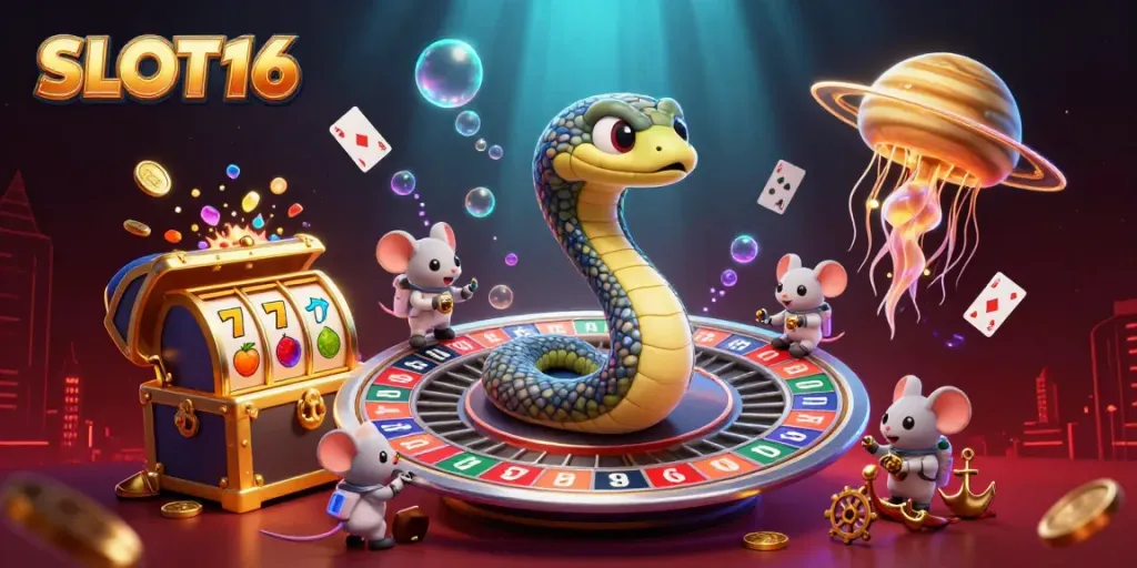 SLOT16 features a 3D casino scene with cosmic characters, lively slot reels, and vibrant underwater elements.
