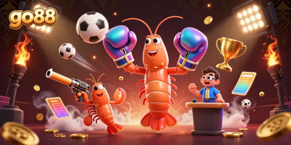 Engage in thrilling gaming at go88 with vibrant visuals of 3D characters and dynamic sports betting elements.