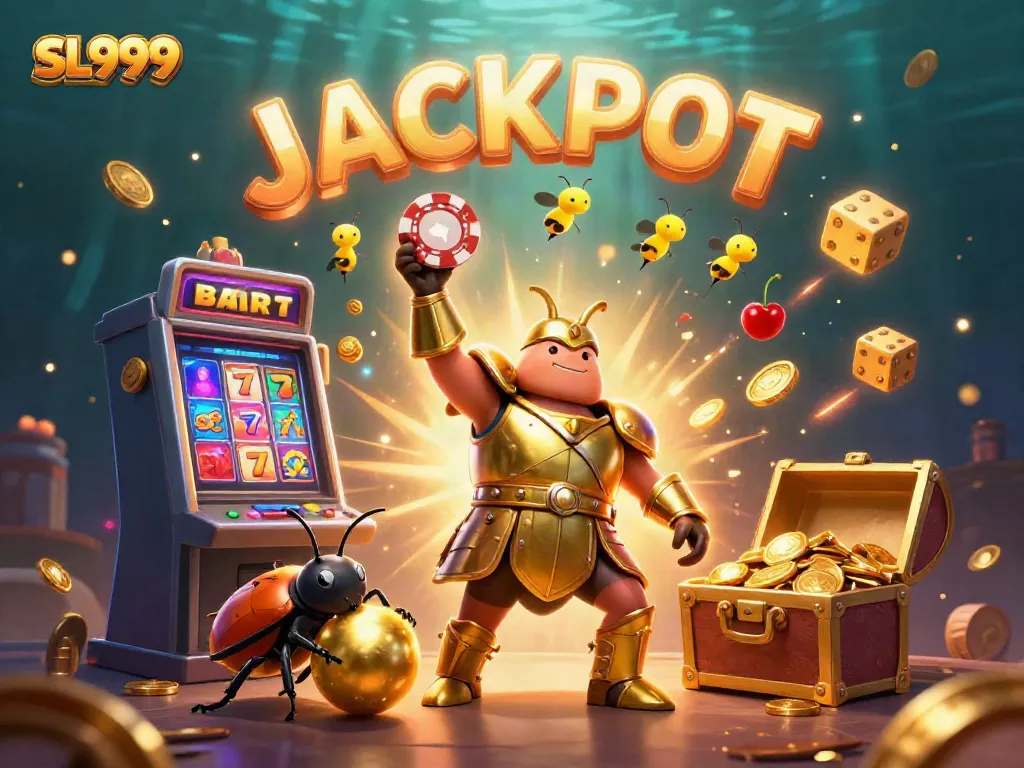 Spin to victory with SL999: A beetle in golden armor celebrates a jackpot amidst dynamic casino elements.