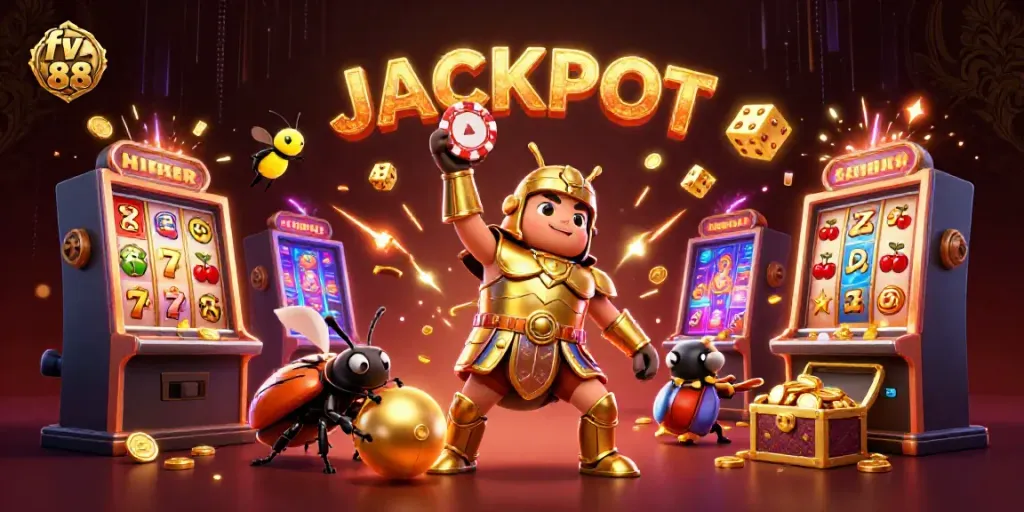 Experience big wins with fv 88 as cartoon characters celebrate a jackpot with vibrant casino elements.