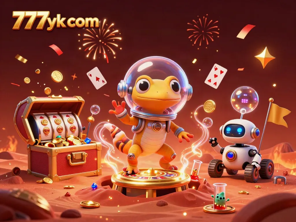 Engage with the vibrant casino adventure of 777yk com as a Martian gecko uncovers treasures amidst slot reels and confetti.