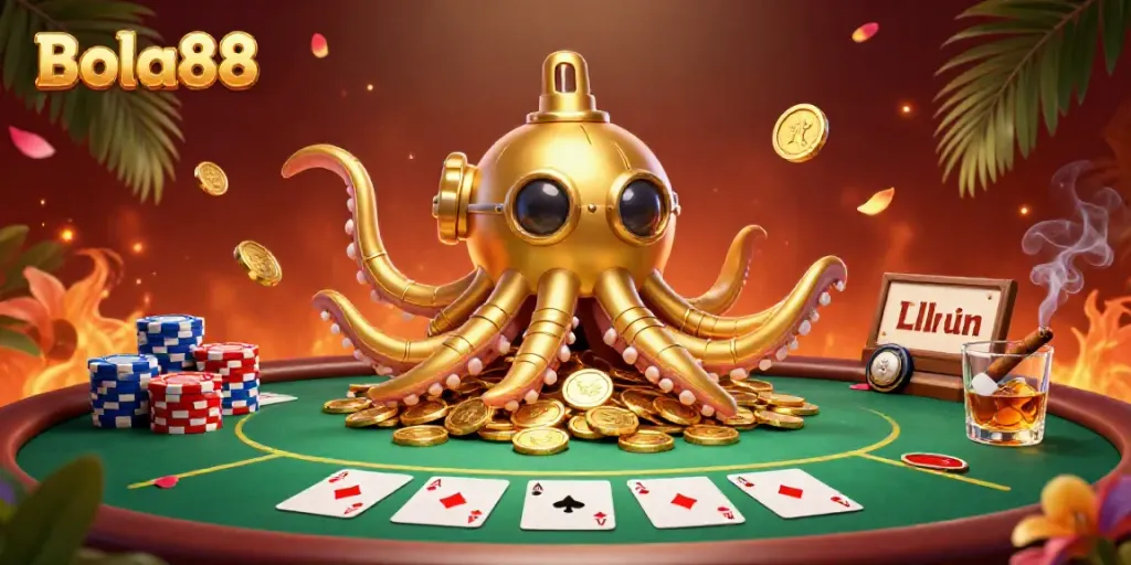 Engage with Bola88 through an ultra-detailed 3D rendering of a kraken submarine in a vibrant poker scene.