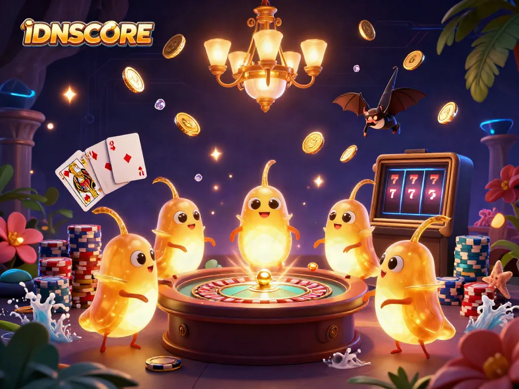 Experience the excitement of IDNSCORE with glowworms lighting a vibrant cave casino scene.