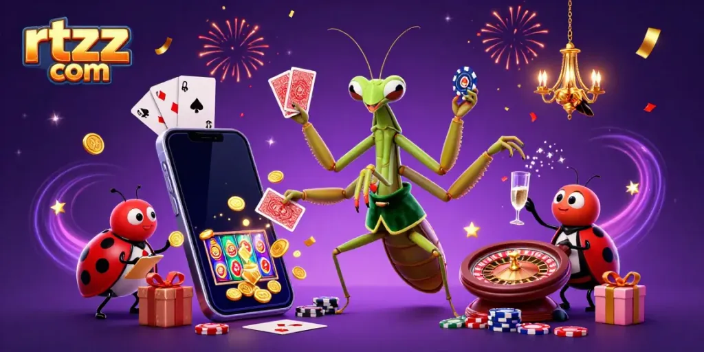 Experience thrilling excitement at rtzz com with playful 3D characters celebrating in a vibrant casino.