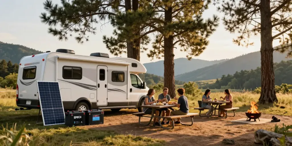 Family enjoying outdoor meal at RV site with Epoch lithium batteries for RV in setting.