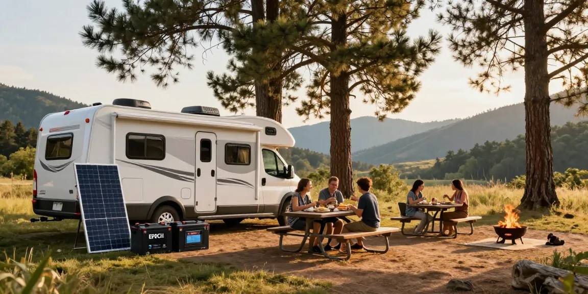 Family enjoying outdoor meal at RV site with Epoch lithium batteries for RV in setting.