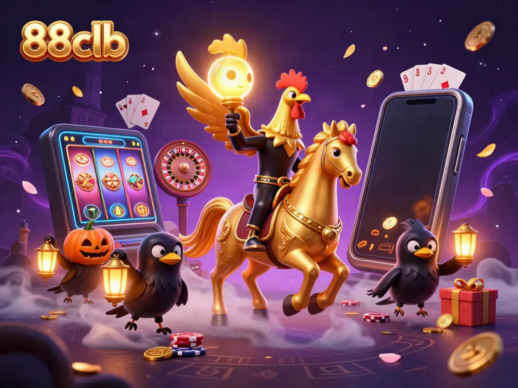 Experience the magic of 88clb with a golden rooster, spectral horse, and casino elements.