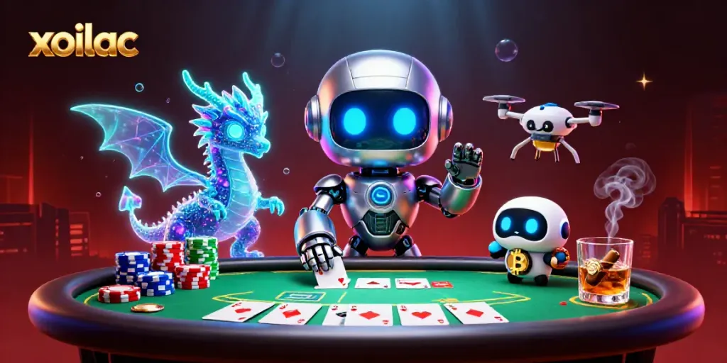 Experience thrilling poker action with the vibrant and dynamic xoilac casino scene featuring a lively robot mascot.