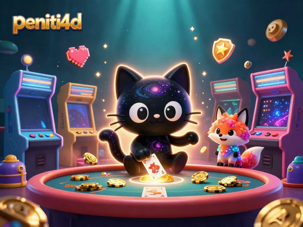 Gulir dan menangkan hadiah dalam permainan slot di platform peniti4d dengan karakter kucing hitam yang menarik chip emas.