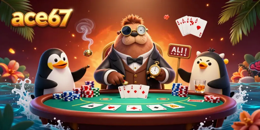 Experience thrilling poker gameplay with ace67, featuring a walrus and friends at an underwater casino table.