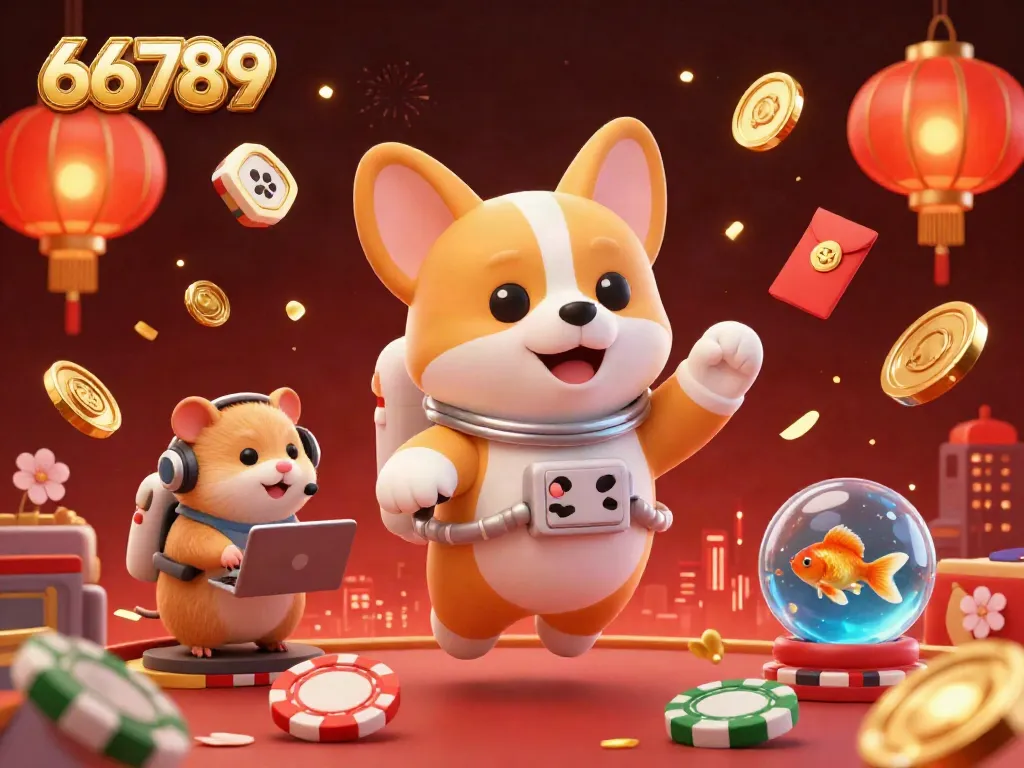 Experience the excitement of 66789 with a floating corgi in a space casino, golden coins, and dynamic game elements.