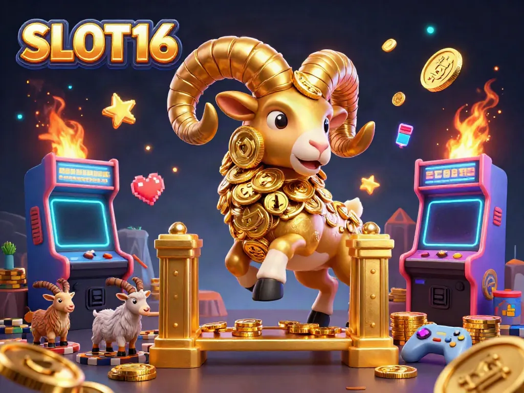 SLOT16 showcases vibrant 3D casino elements with a charging golden ram amidst arcade machines and game icons.