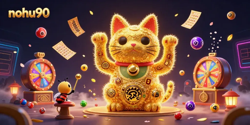 Nohu90's giant lucky cat surrounded by vibrant gambling elements, symbolizing casino fun.