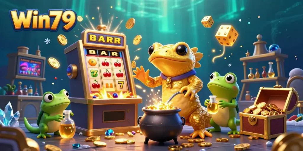 Win79 showcases a vibrant 3D cartoon scene of golden characters amidst a jackpot explosion of coins and lights, emphasizing immersive casino gaming.