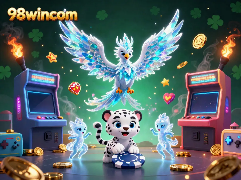Engage with the vibrant 98wincom casino experience featuring an ice phoenix and arcade elements in dynamic action.