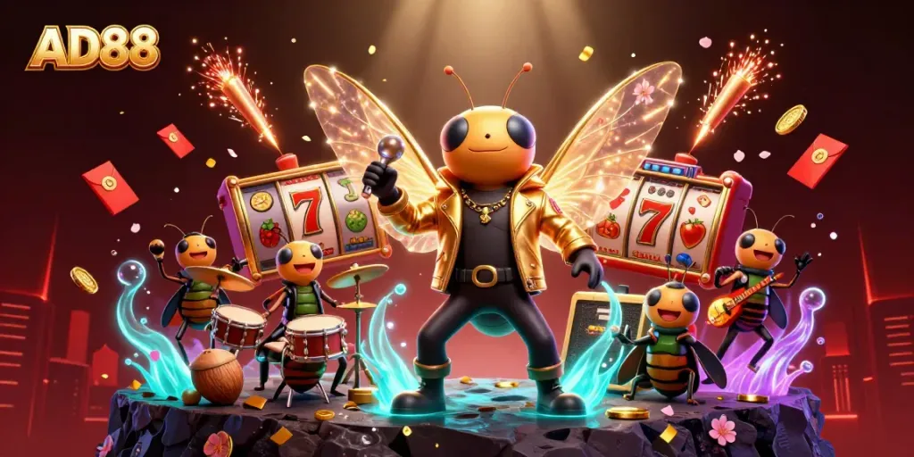 Experience the excitement of AD88 with a vibrant 3D rock star scene featuring slot gaming elements.
