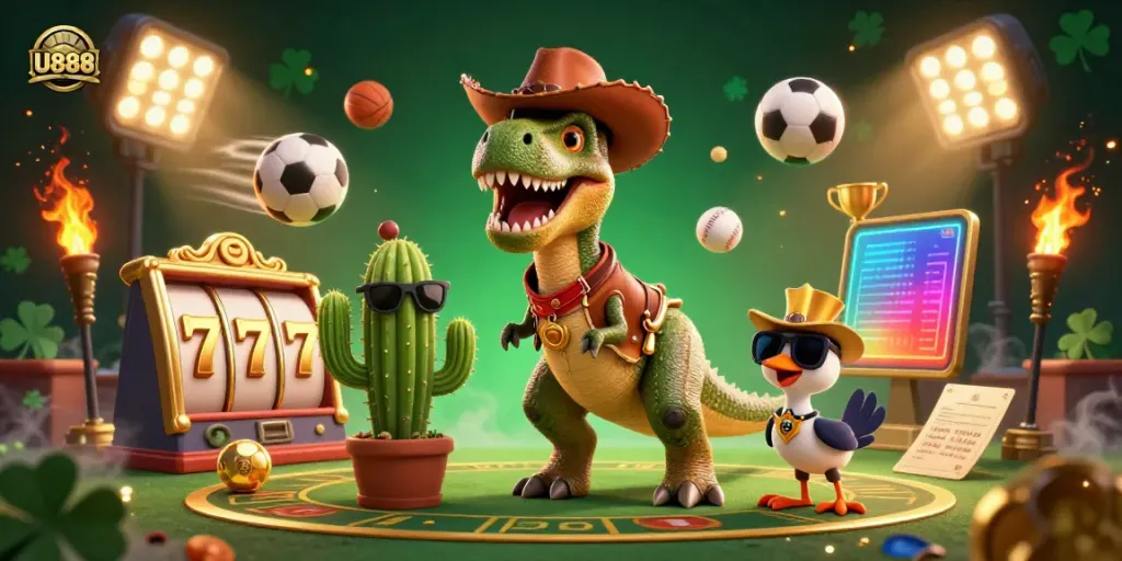U888 enhances gaming excitement with a lively 3D cartoon scene packed with slot and sports elements.
