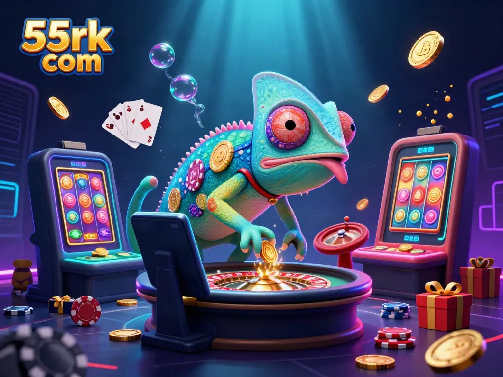 Experience thrilling games at 55rk com with a vibrant casino atmosphere featuring animated chameleon and slot elements.