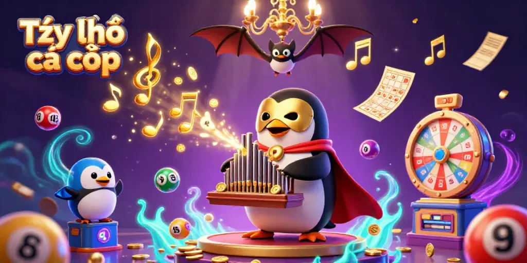 Engage with Tỷ lệ cá cược in a vibrant scene featuring a 3D cartoon penguin playing an organ shooting gold coins.