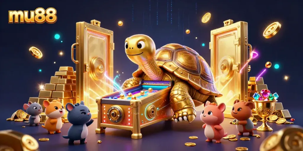 Join the excitement at mu88 with colorful characters and rich casino treasure in a dynamic scene.
