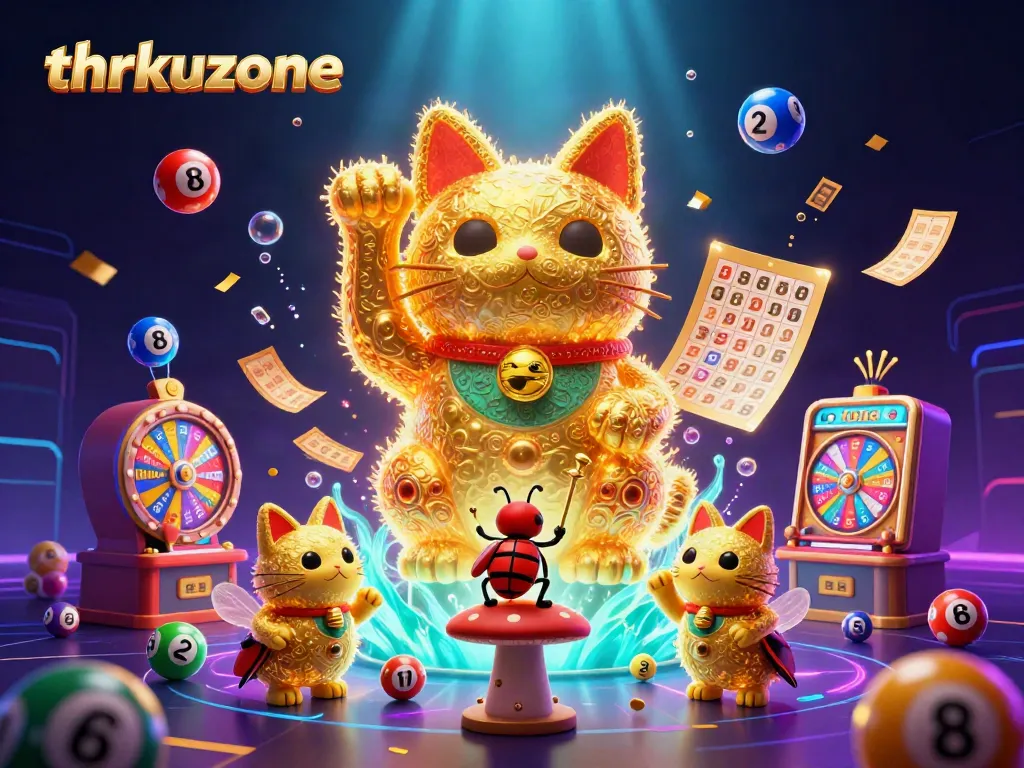 Experience luck with thrkuzone as golden fireflies transform into a lucky cat amidst vibrant casino symbols.