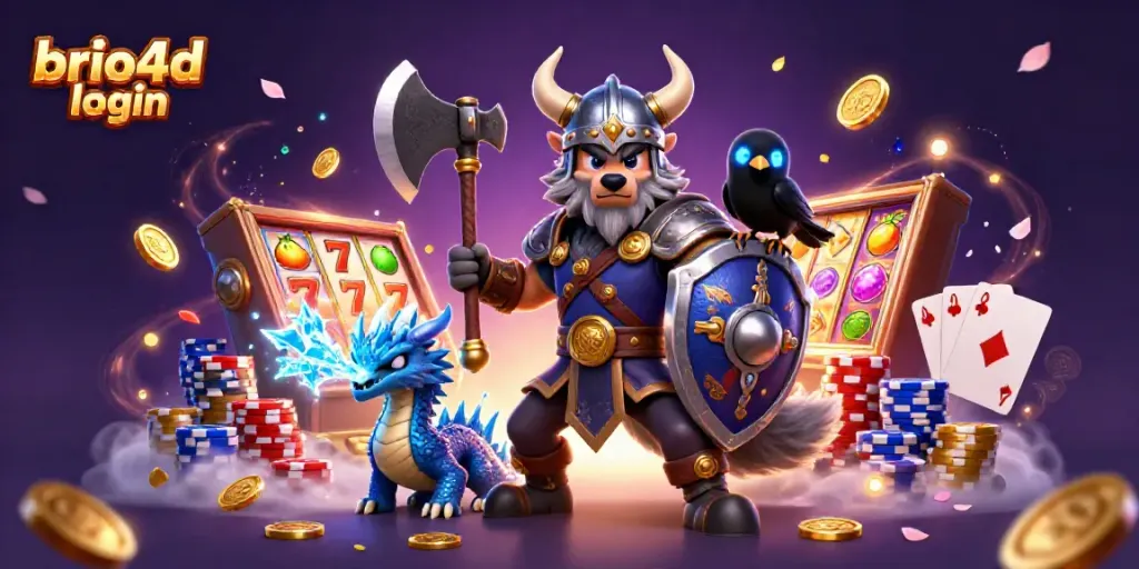 Engage with the exciting brio4d login experience amidst golden coins, vibrant slot reels, and dynamic characters.