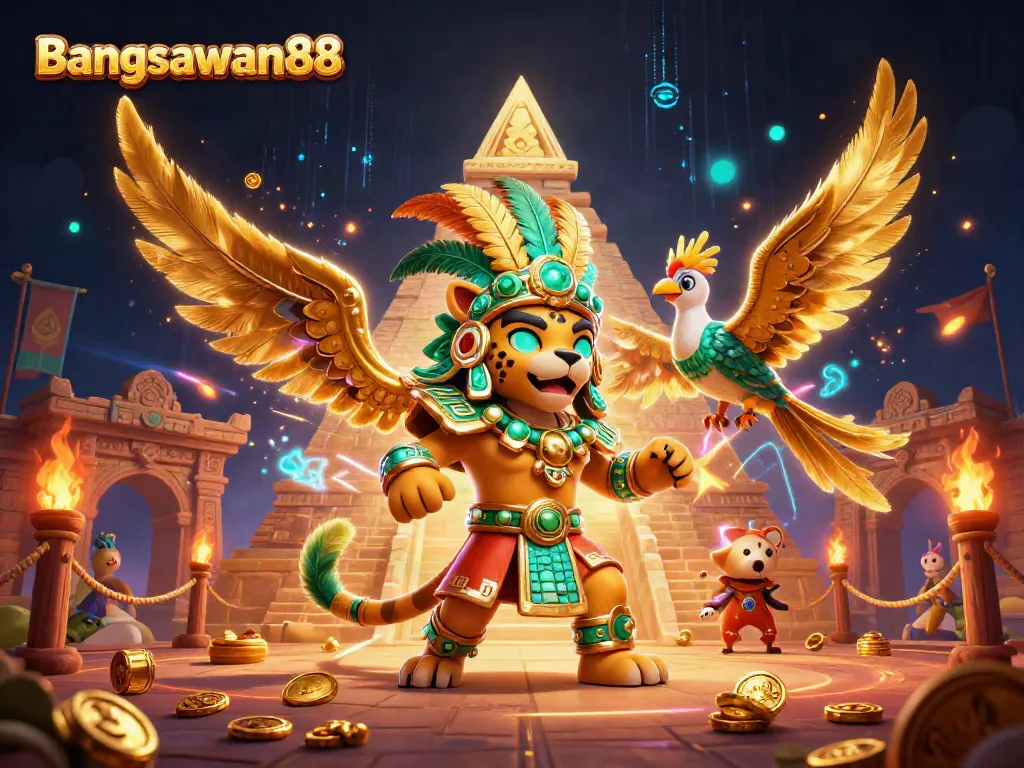 Bangsawan88 casino scene featuring a Mayan jaguar priest and quetzal bird, with dynamic gaming elements.